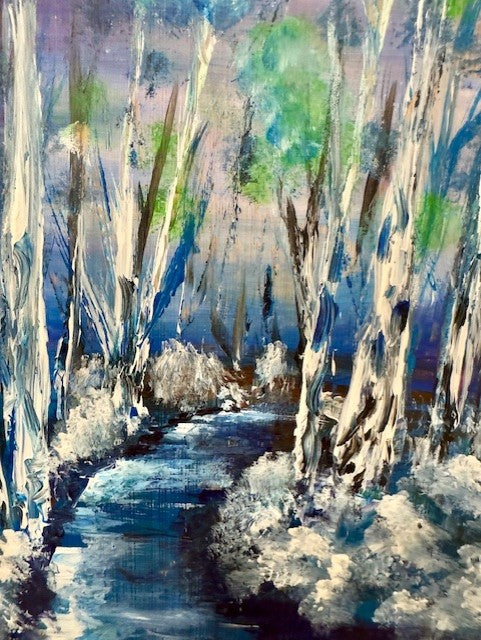 cutting Board Painting winter trees and cold stream