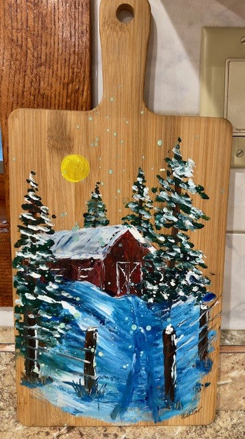 Cutting Board Painting winter Barn Scene
