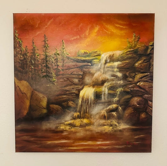 Sunset over Rocky Waterfall
