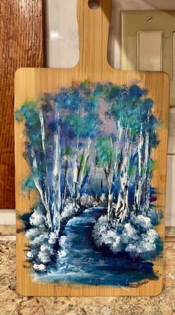 cutting Board Painting  winter trees and cold stream